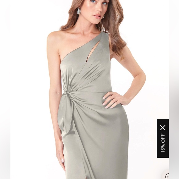 Azazie grey gown bridesmaid stretch satin pebble - Picture 3 of 5